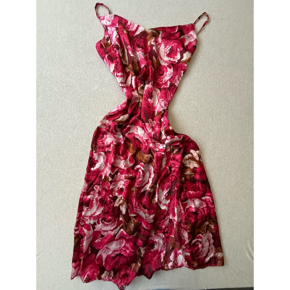 Floral Rose Print Midi Dress Pink Red Spaghetti Strap Cowl Neck Slip Dress